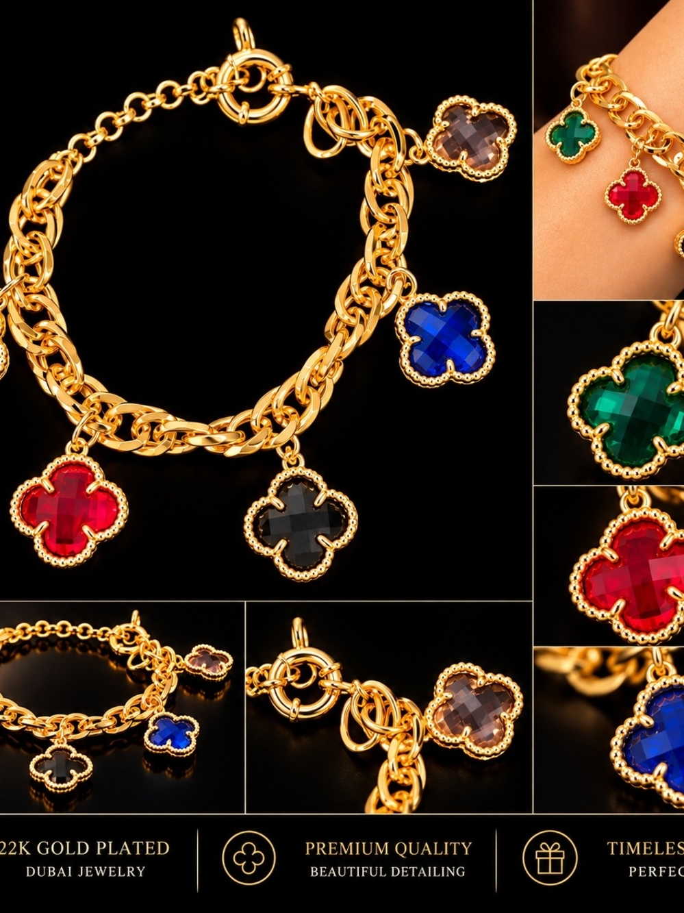 Gold Plated Multi-Color Clover Charm Bracelet - Women Jewelry
